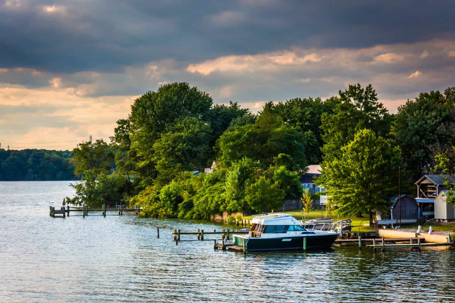 Boats and docks along the Back River in Essex, Maryland.