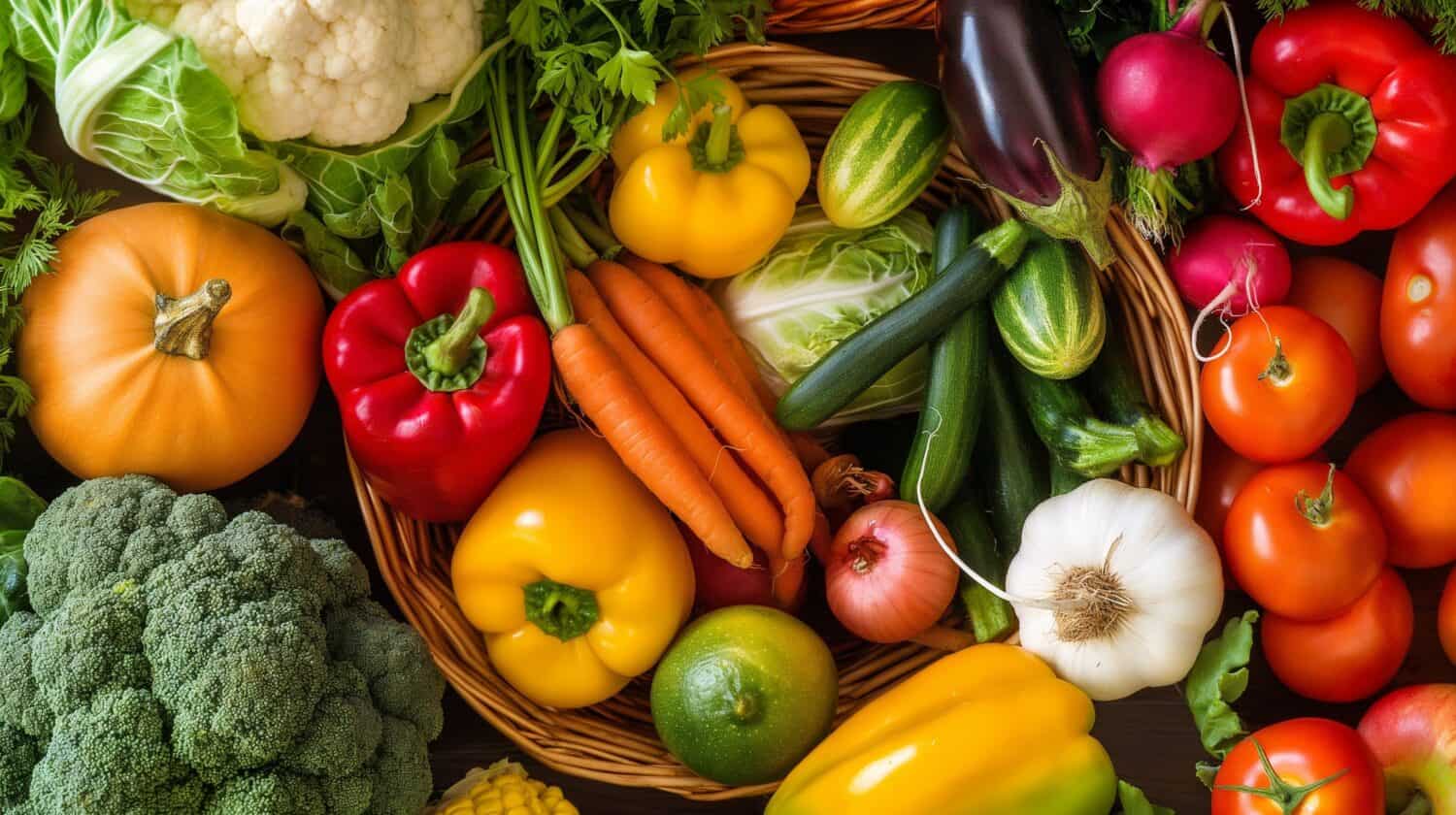 Assortment of Fresh Organic Vegetables, Fresh carrots, tomatoes, and peppers; a bounty of organic produce