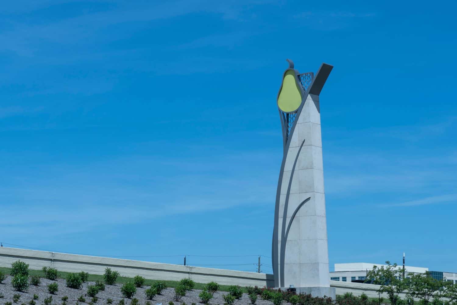 Pearland, TX, USA - April 12, 2024: One of the pear sculptures along State Highway 288 in Pearland, TX, USA.