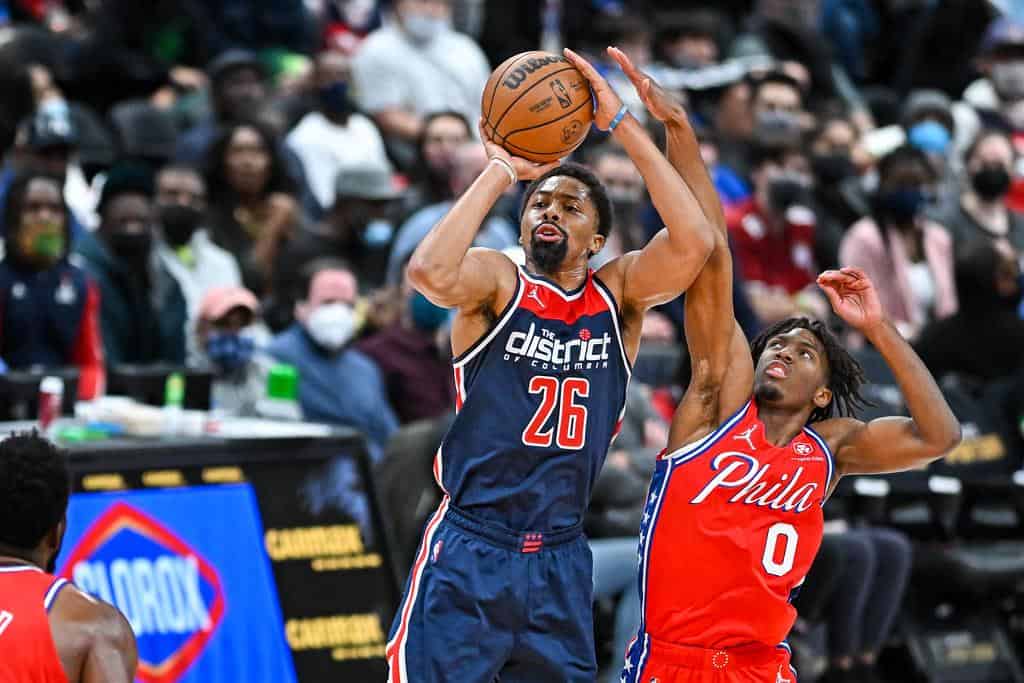 Washington+Wizards | Washington Wizards guard Spencer Dinwiddie shoots the ball during a game against the Philadelphia 76ers