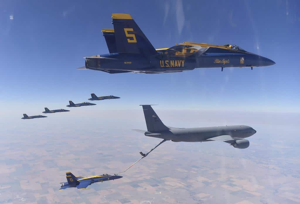 The Blue Angels conduct aerial refueling operations with a KC-135 Stratotanker. by Official U.S. Navy Imagery