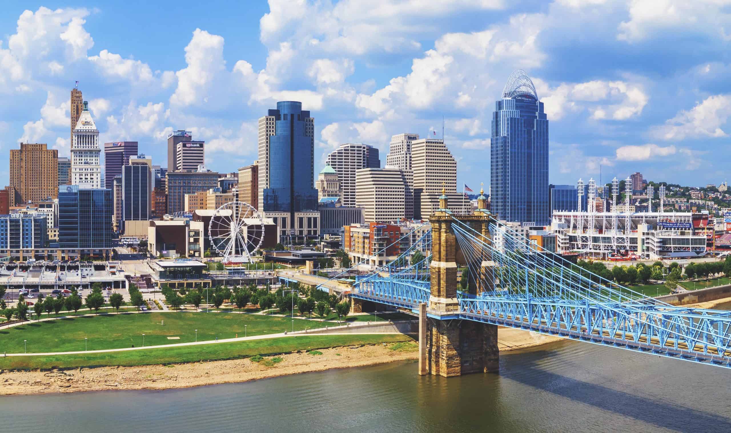 Ohio | Cincinnati Ohio skyline with John Roebling bridge aerial view