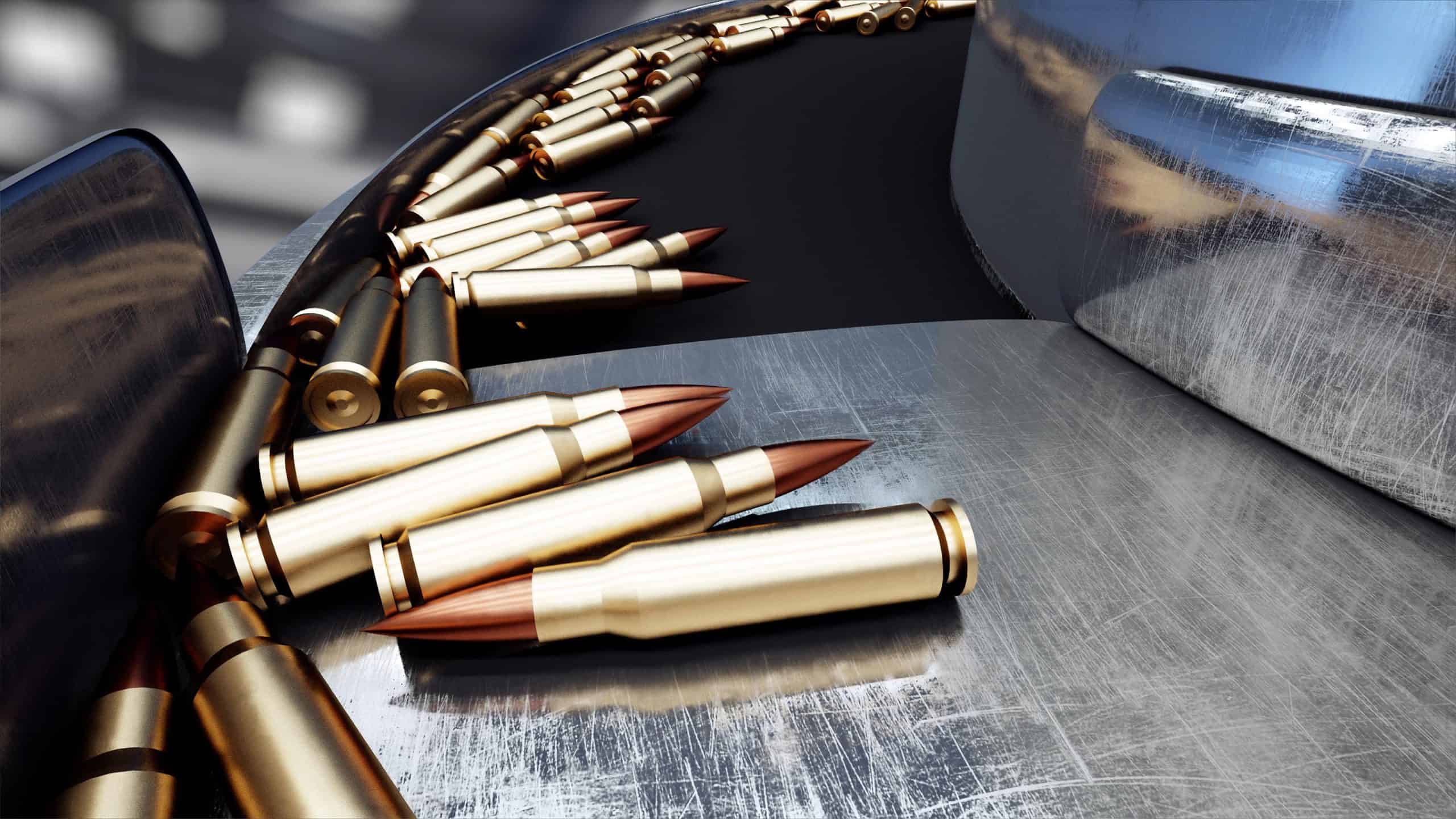 Ammunition | Process of production of bullets. Industrial concept. Factory equipment and macine. Steel. 3d rendering.