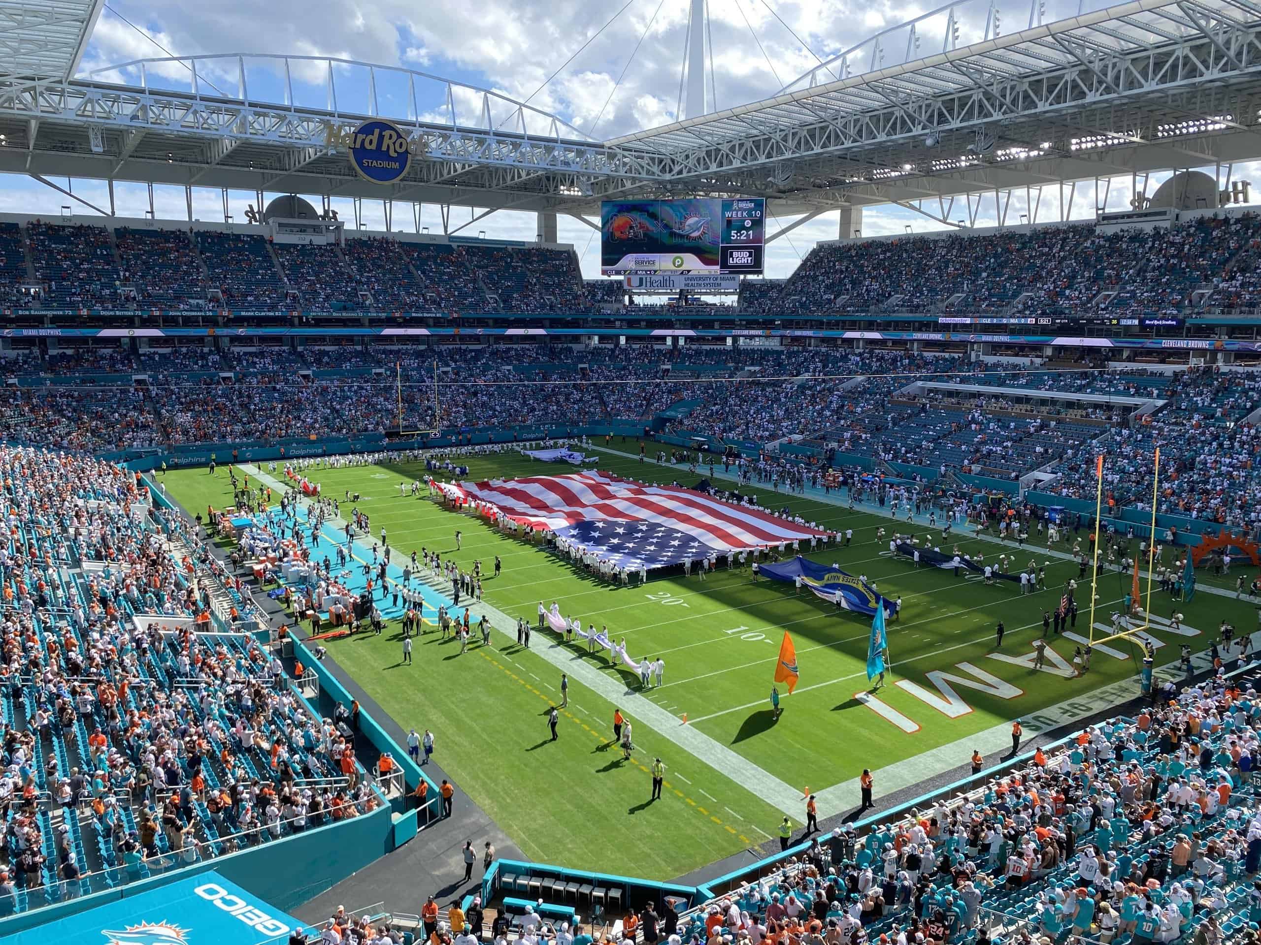 Hard Rock Stadium during the national anthem before a Miami Dolphins game by Gatorfan252525