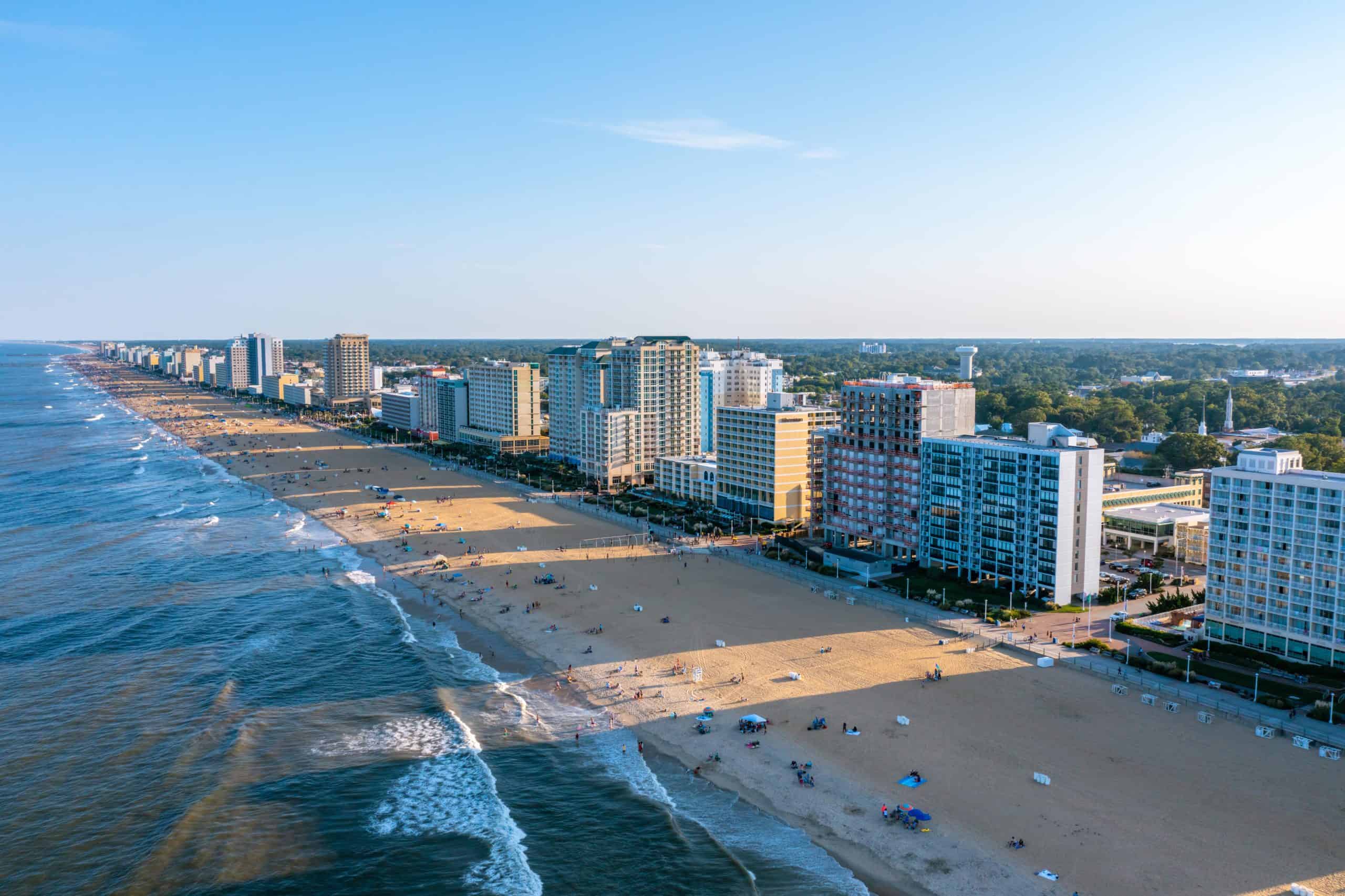 Virginia Beach, Virginia | Aerial View of The Virginia Beach Oceanfront as the Sun Sets during Labor Day Weekend