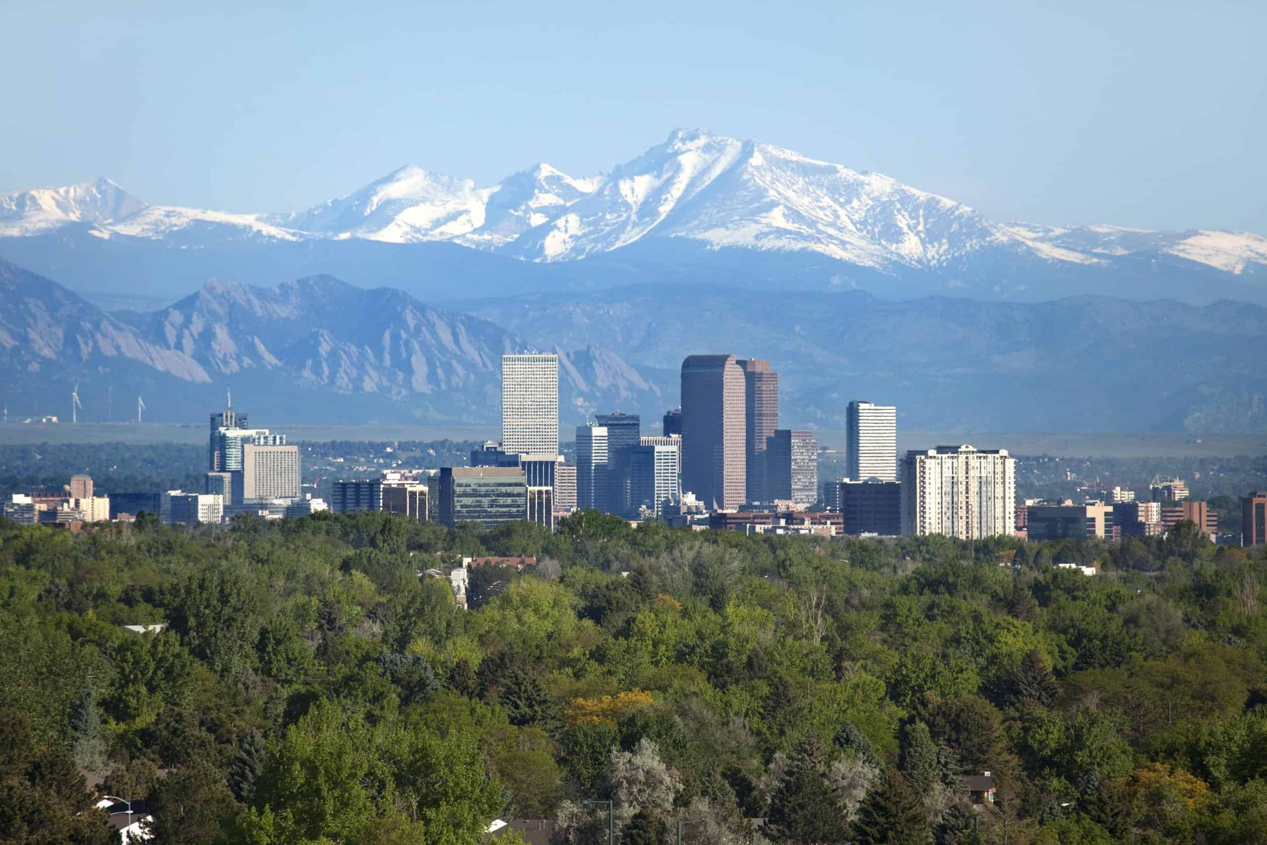 Colorado | Denver Colorado skyscrapers snowy Longs Peak Rocky Mountains summer