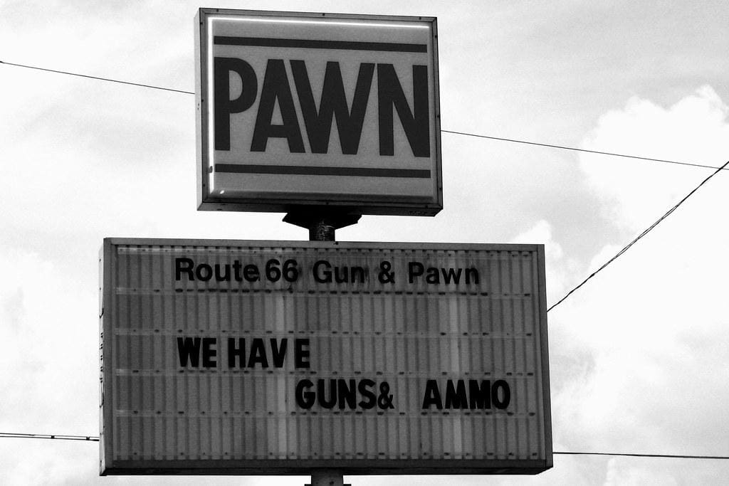 2006-08-23 - Road Trip - Day 31 - United States - Oklahoma - Route 66 - Pawn Shop - We Have Guns and Ammo - Sign - Black and White by CGP Grey