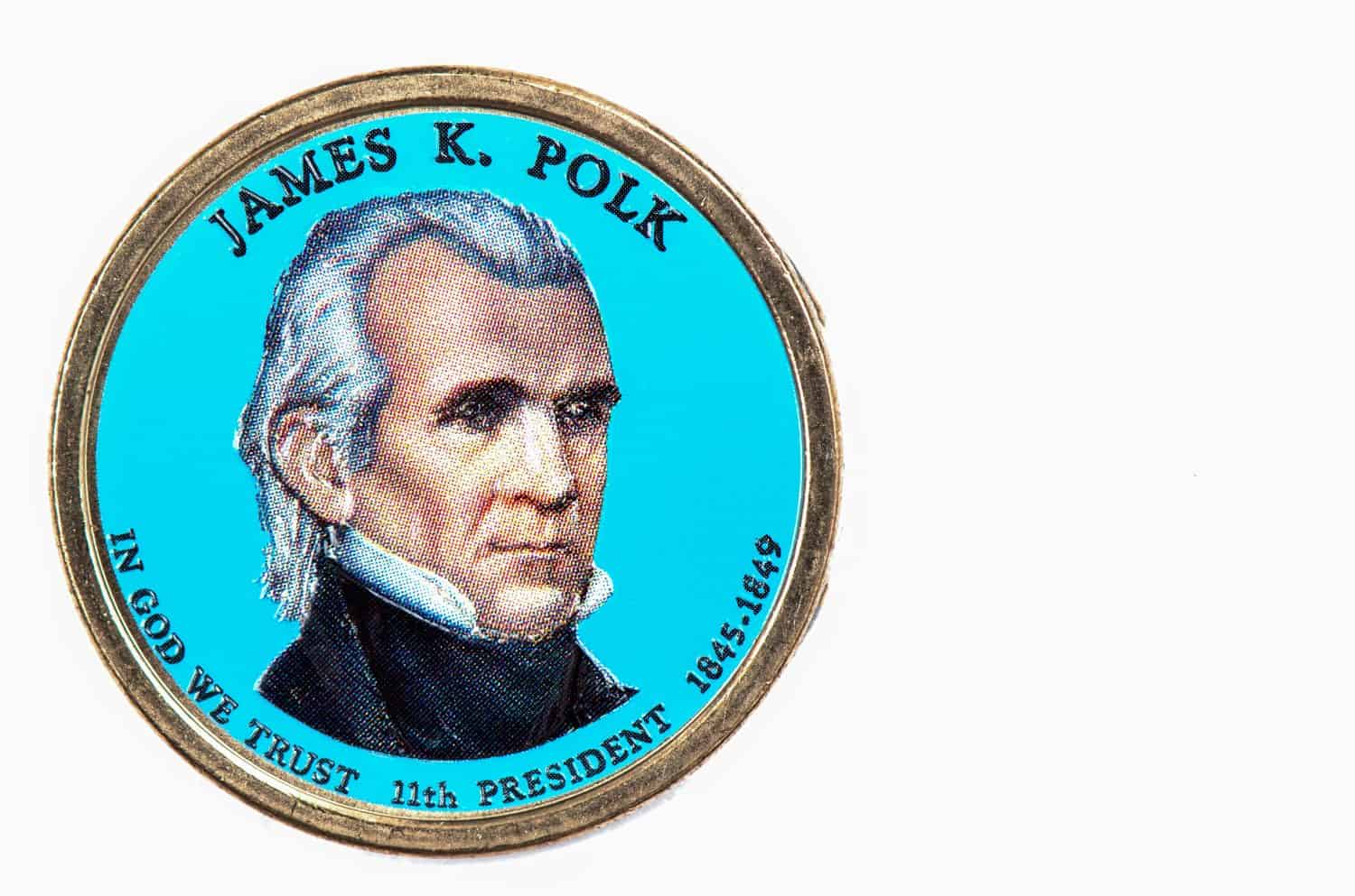 James K. Polk Presidential Dollar, USA coin a portrait image of JAMES K. POLK in God We Trust 11th PRESIDENT 1845-1849 on $1 United Staten of Amekica, Close Up UNC Uncirculated - Collection