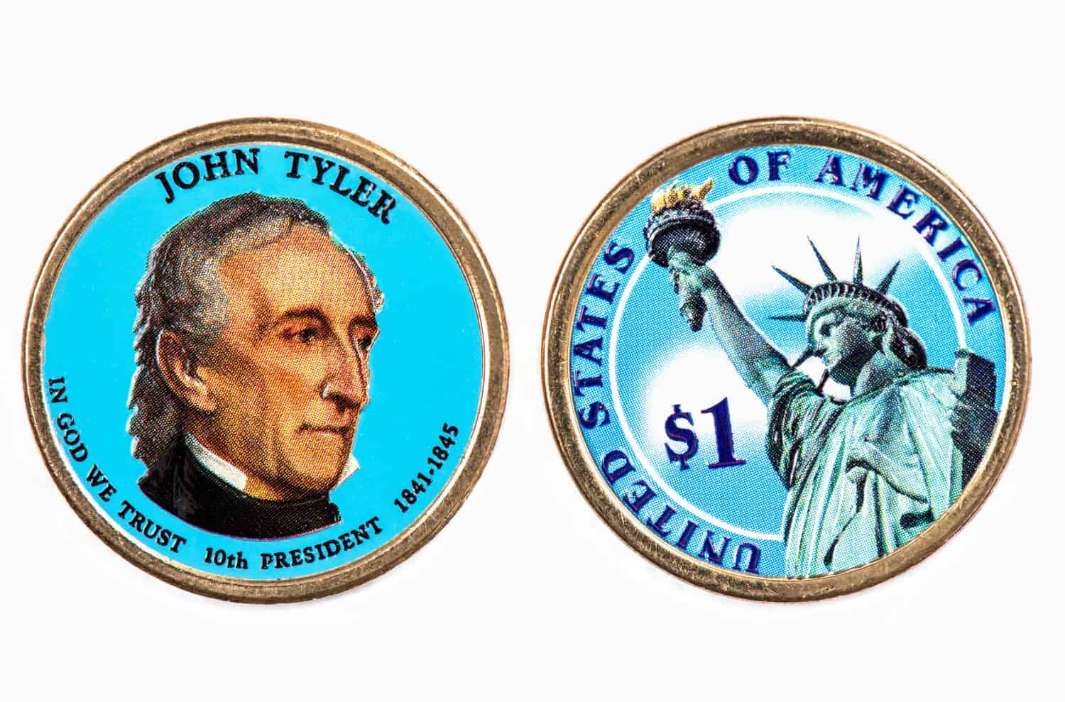 John Tyler Presidential Dollar, USA coin a portrait image of JOHN TYLER in God We Trust 10th PRESIDENT 1841-1845 on $1 United Staten of Amekica, Close Up UNC Uncirculated - Collection