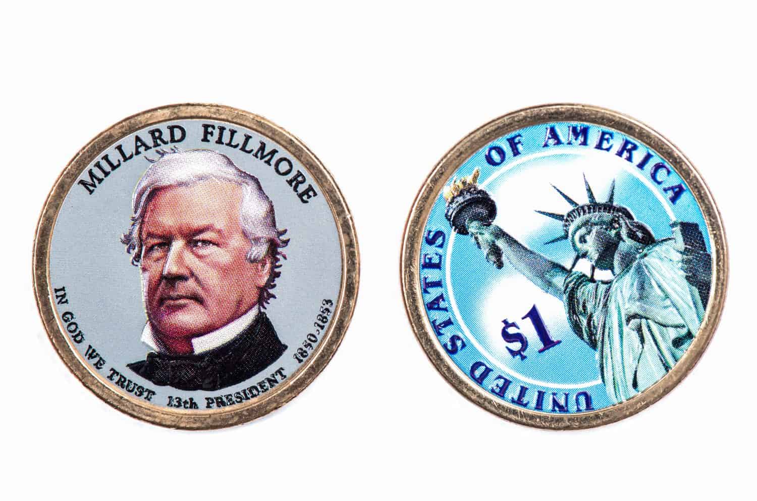 Millard Fillmore Presidential Dollar, USA coin a portrait image of MILLARD FILLMORE IN GOD WE TRUST 13 th PRESIDENT 1850-1853, $1 United Staten of Amekica, Close Up UNC Uncirculated - Collection