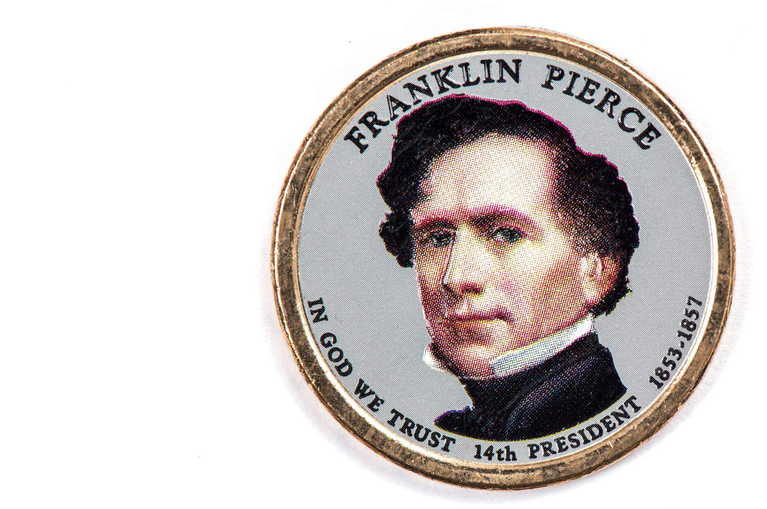 Franklin Pierce Presidential Dollar, USA coin a portrait image of FRANKLIN PIERCE IN GOD WE TRUST 14 th PRESIDENT 1853-1857, $1 United Staten of Amekica, Close Up UNC Uncirculated - Collection