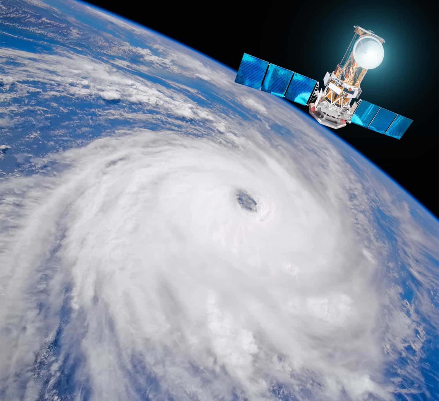 Research, probing, monitoring hurricane. Satellite above the Earth makes measurements of the weather parameters. Elements of this image furnished by NASA