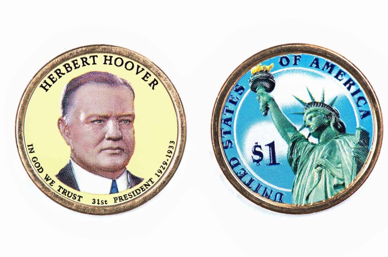 Herbert Hoover Presidential Dollar, USA coin a portrait image of WILLIAM HOWARD in God We Trust 31th PRESIDENT 1929 -1933 on $1 United Staten of Amekica, Close Up UNC Uncirculated - Collection