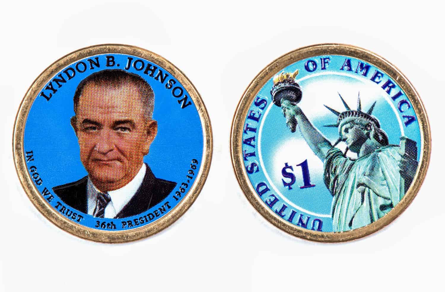 Lyndon B. Johnson Presidential Dollar, USA coin a portrait image of LYNDON B. JOHNSON in God We Trust 36th PRESIDENT 1963-1969 on $1 United Staten of Amekica, Close Up UNC Uncirculated - Collection