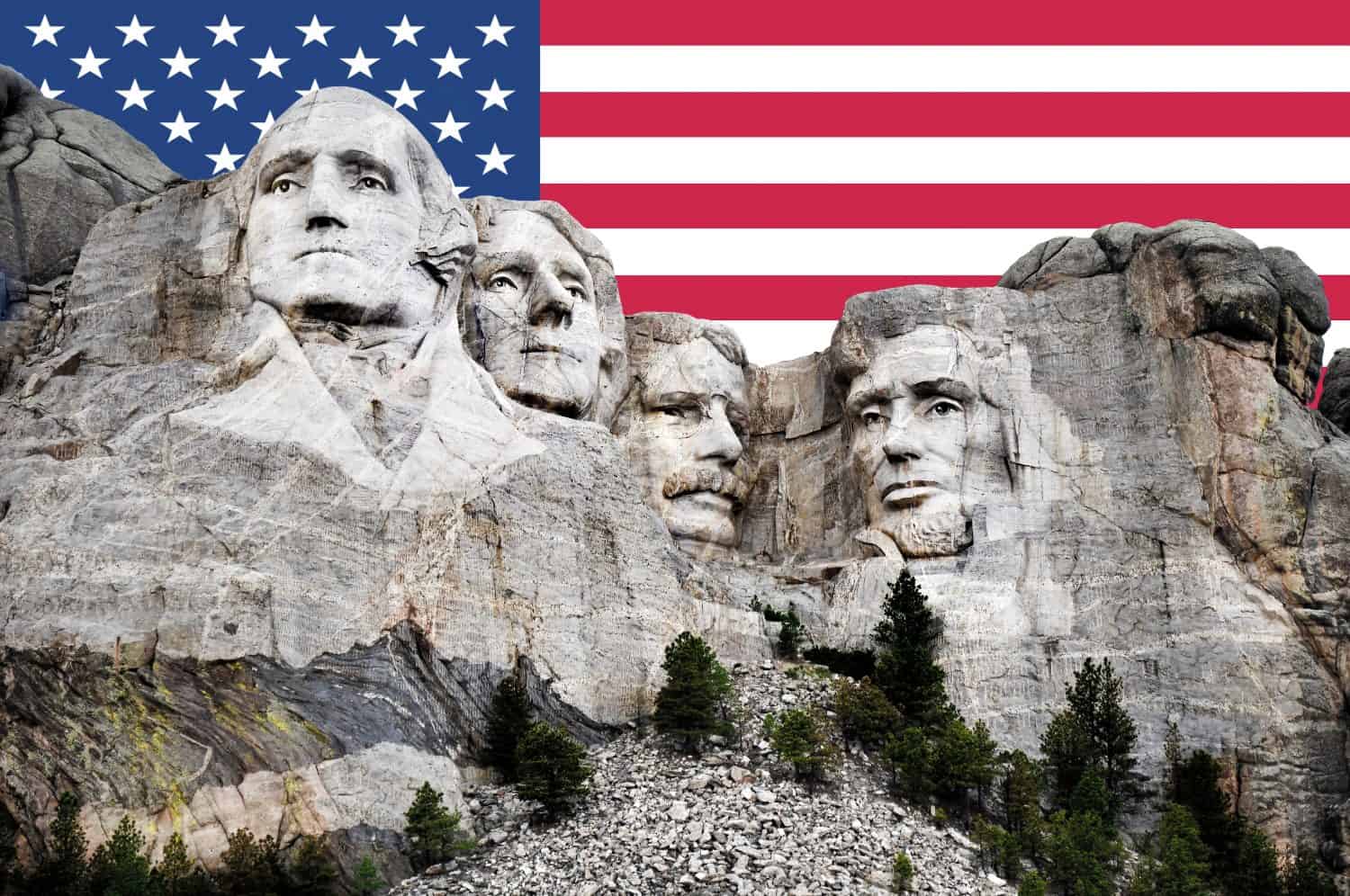 Mt. Rushmore National Memorial Park in South Dakota with American flag in background. Sculptures of former U.S. presidents; George Washington,Thomas Jefferson,Theodore Roosevelt and Abraham Lincoln.