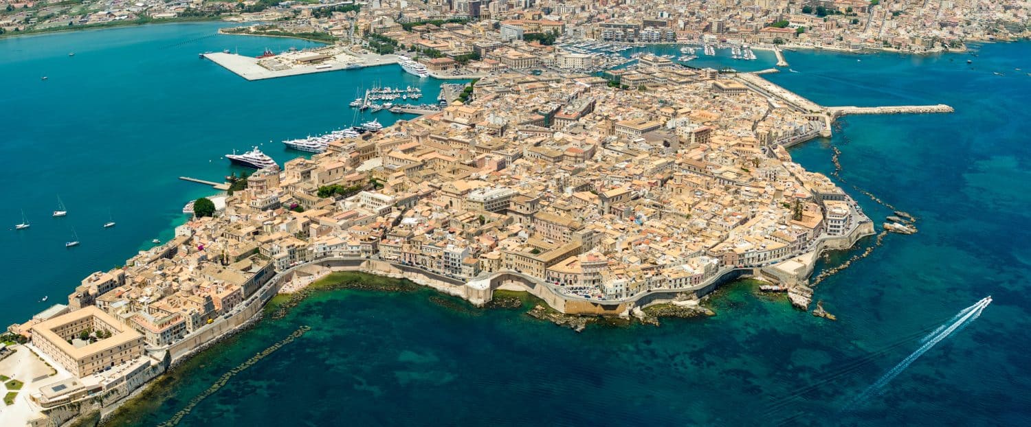 Syracuse, Sicily, southern Italian coastal medieval city, aerial view.