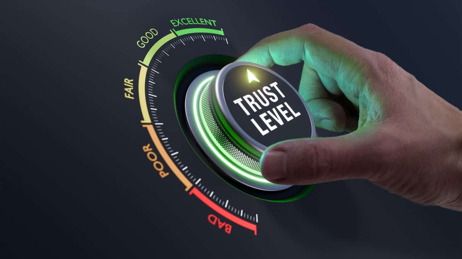 Build trust in business and finance relationships. Trusted partner. Trustworthy collaboration, company or contract. Confidence to work together. Businessman turning knob to highest trust levels.