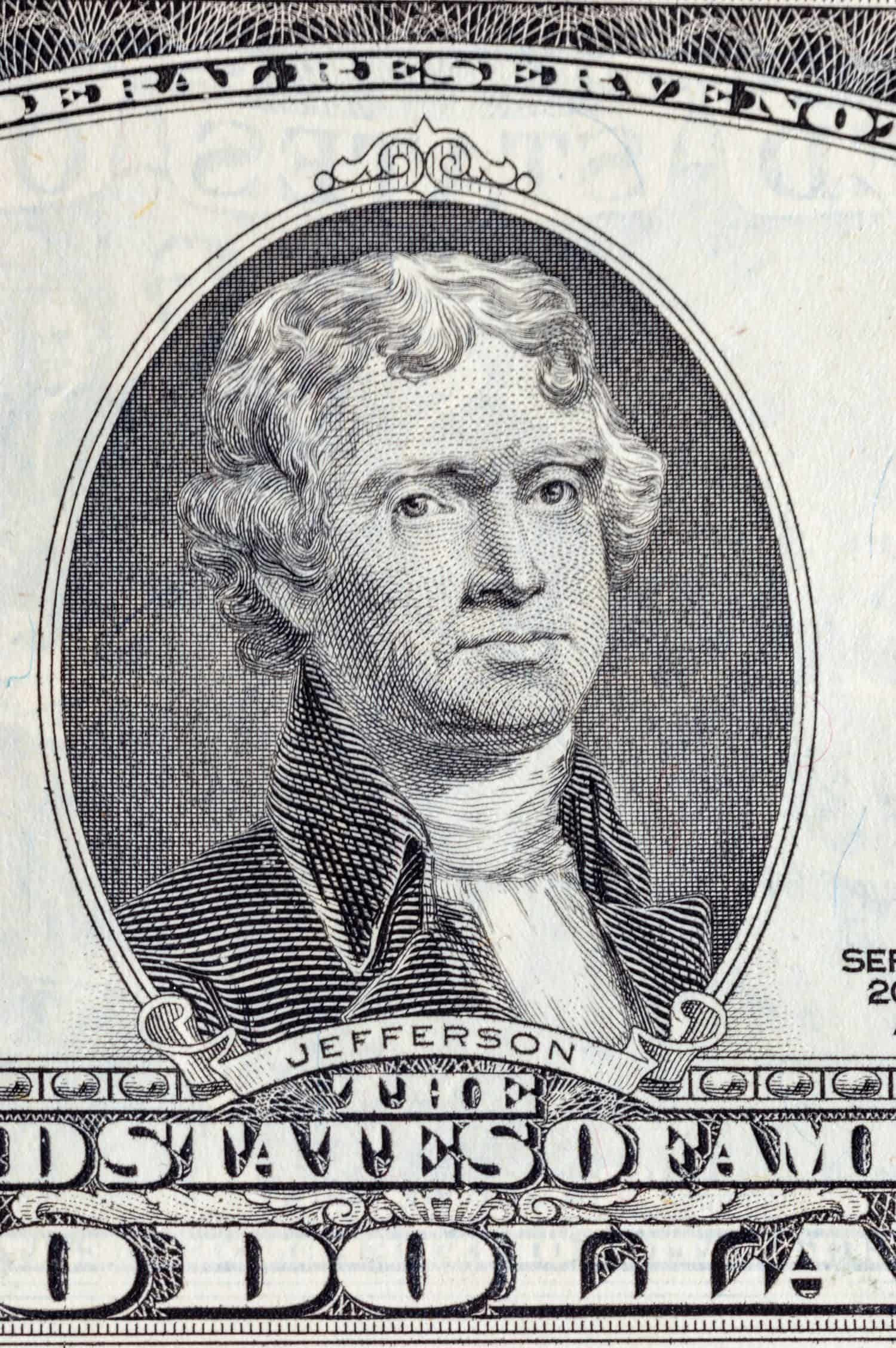 Portrait of Thomas Jefferson on the U.S. two-dollar bill.