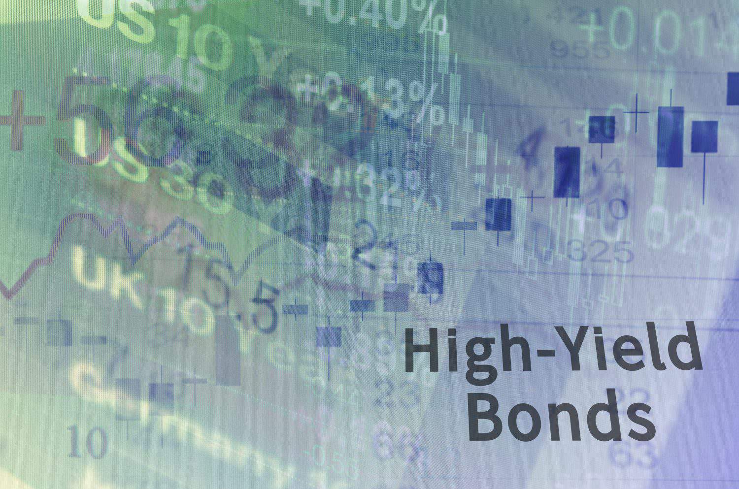 Inscription High-Yield Bonds on PC screen. Close-up computer screen with financial data. Multiple exposure photo.