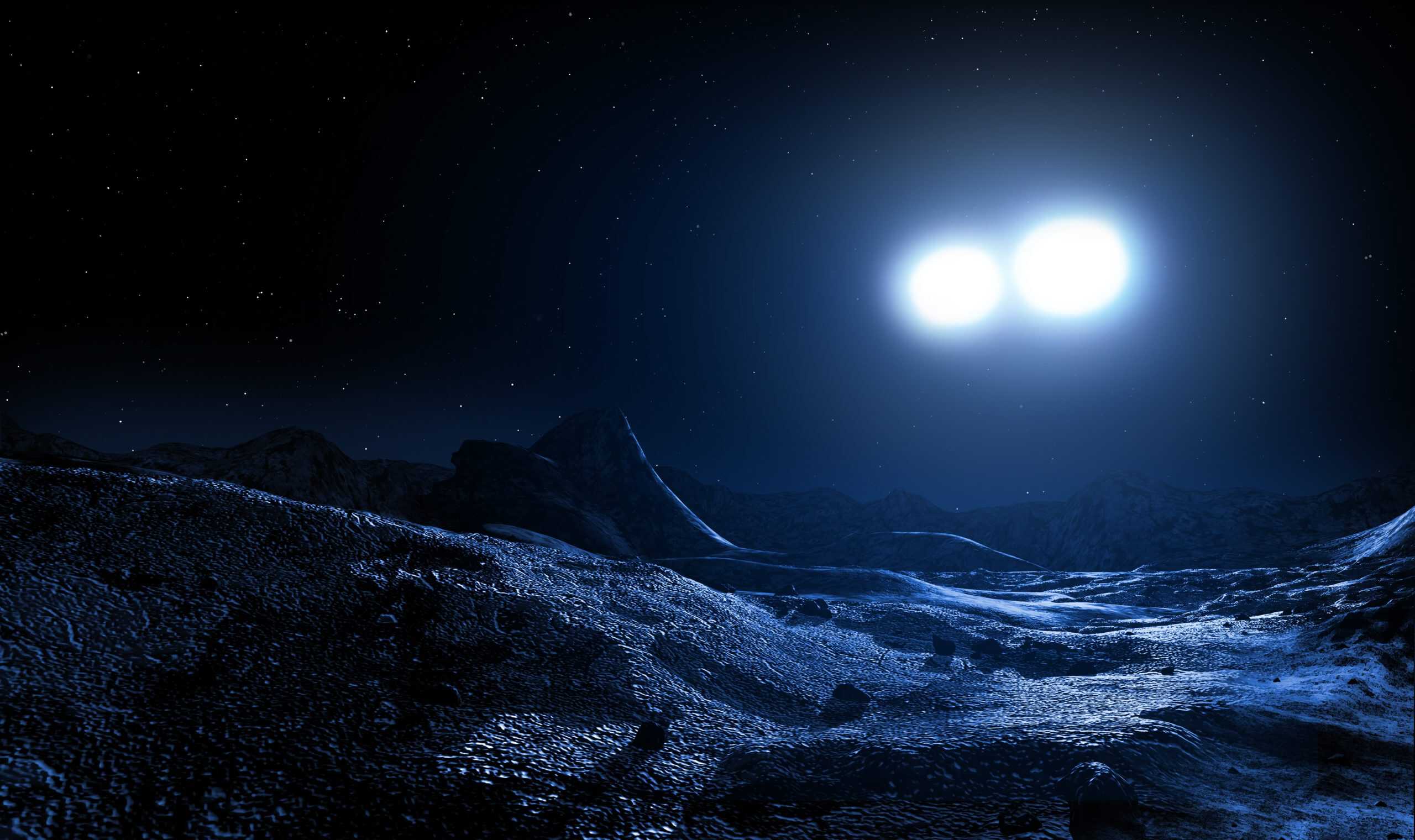 Contact binary stars seen from a planet, illustration