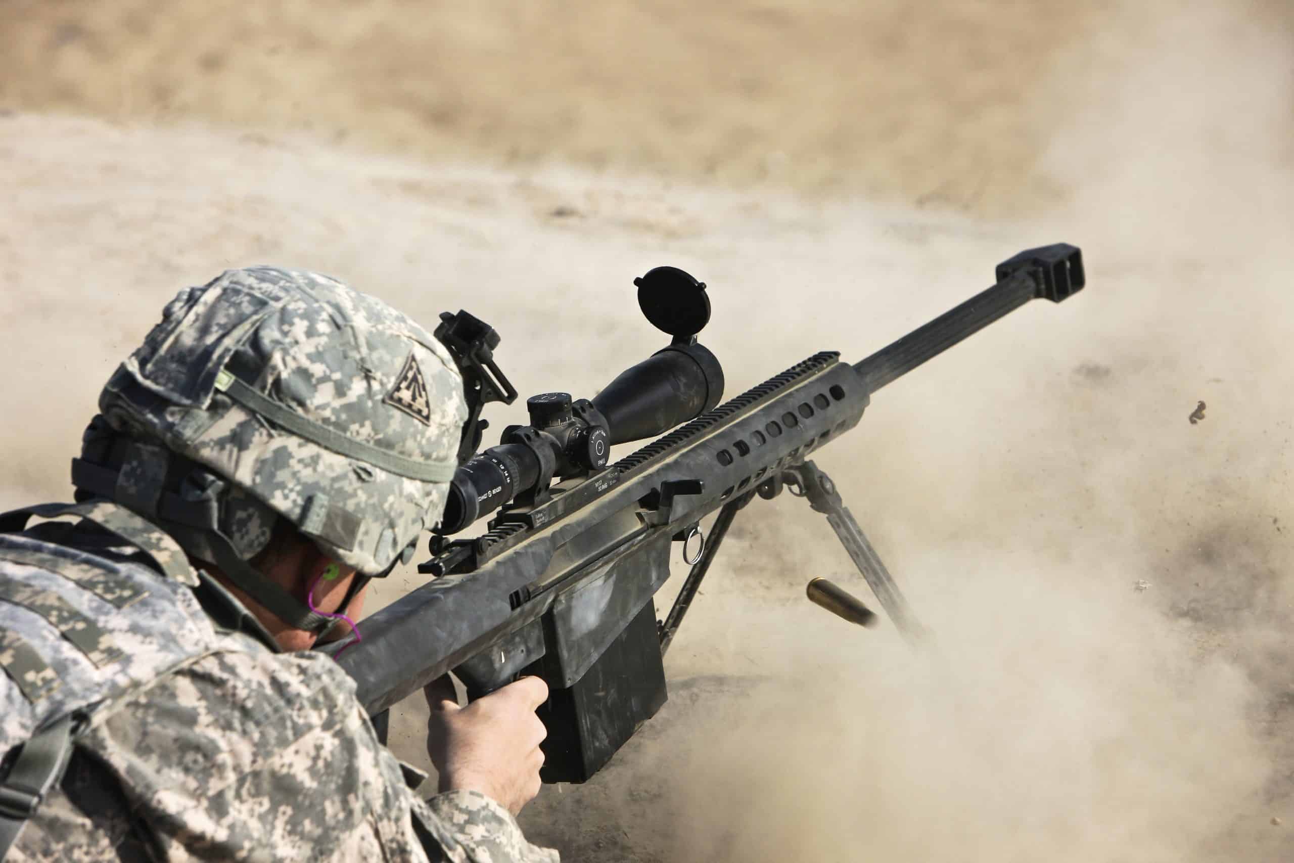 A U.S. Army soldier fires a Barrett M82A1 rifle on a range, Kunduz, Afghanistan.