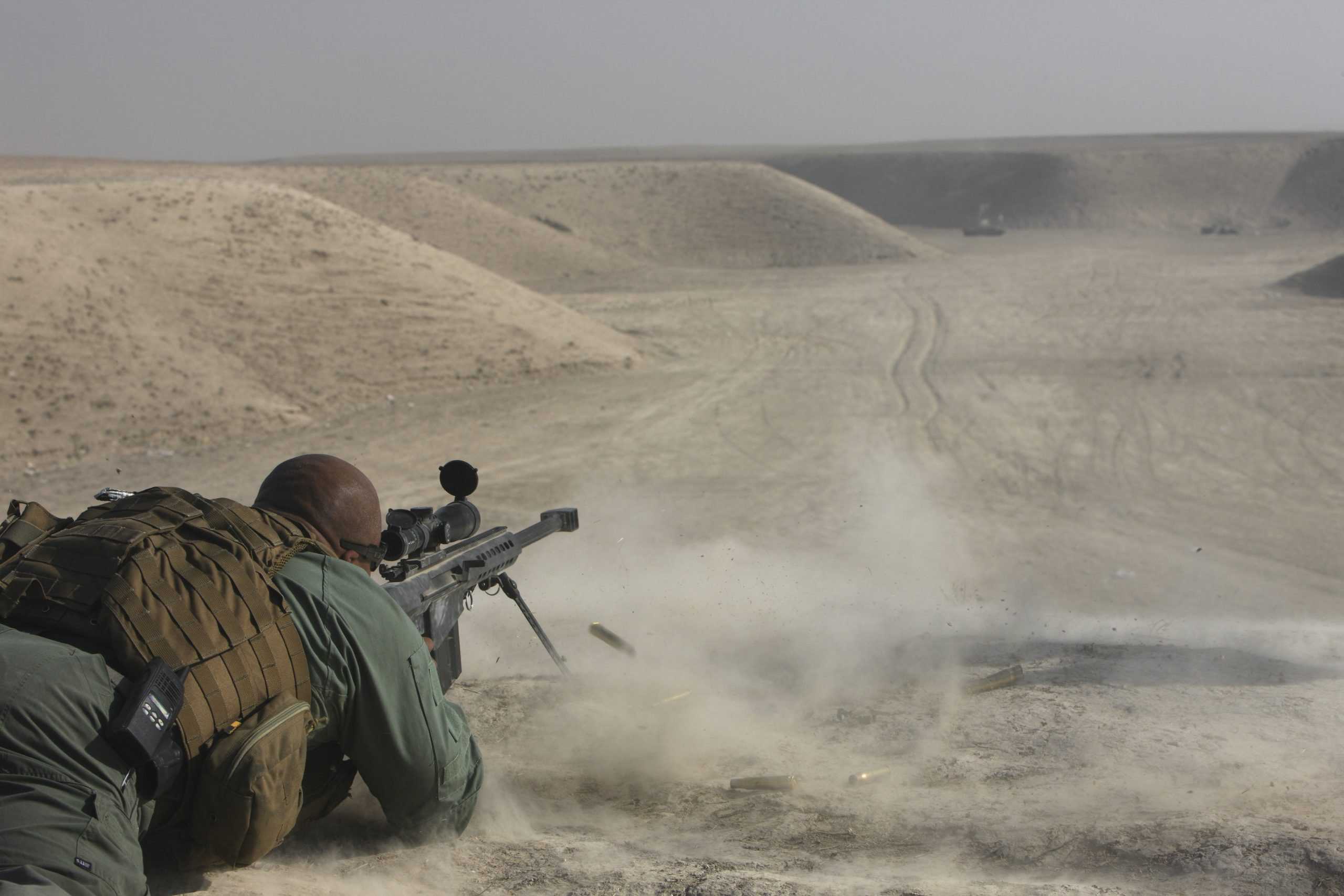 A U.S. Army soldier fires a Barrett M82A1 rifle on a firing range in Kunduz, Afghanistan.