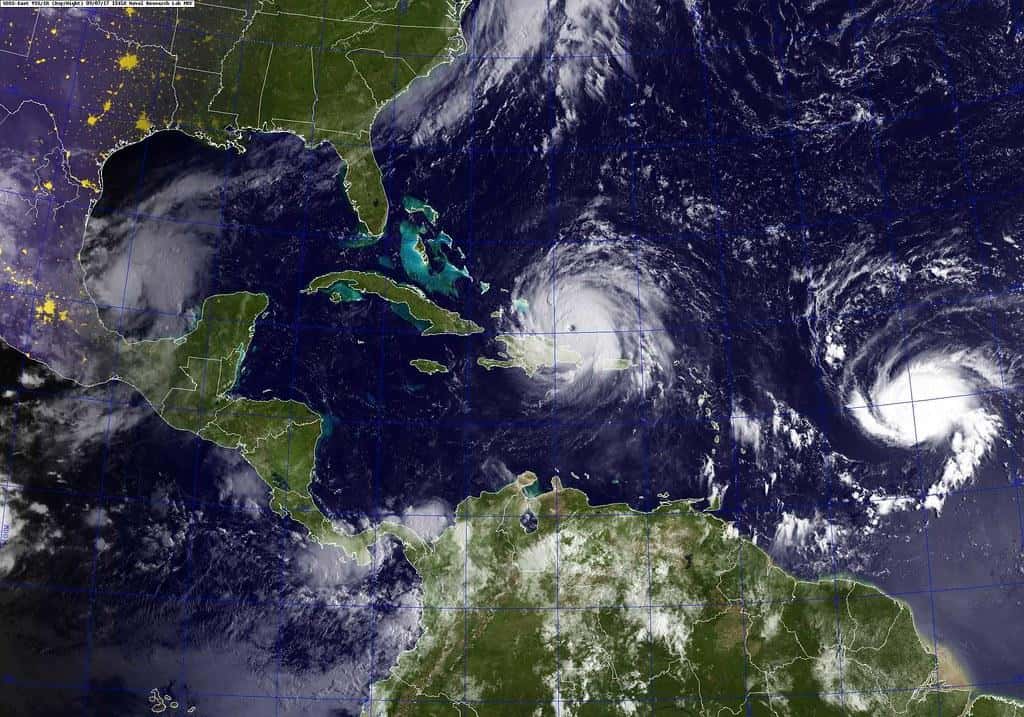 A GOES satellite shows Hurricane Irma, center, and Hurricane Jose, right, in the Atlantic Ocean, and Hurricane Katia in the Gulf of Mexico. by Official U.S. Navy Imagery