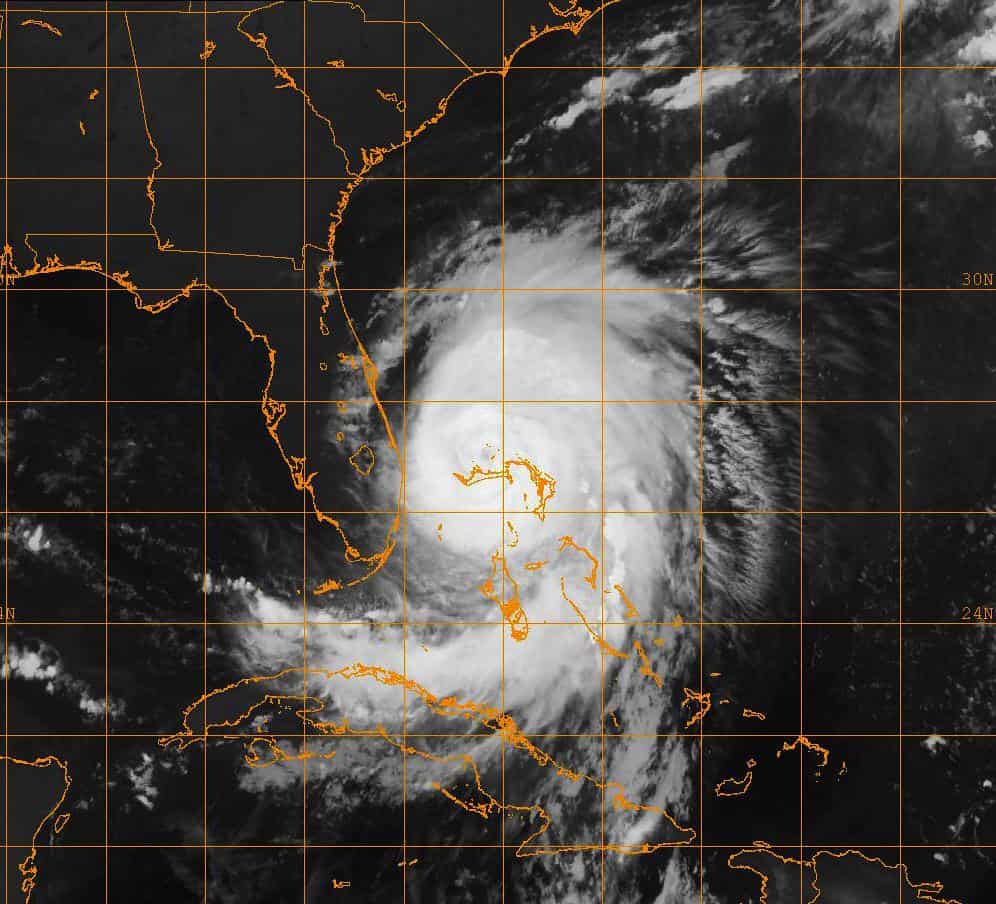 A GOES 15 infrared satellite image of the Atlantic Ocean shows Hurricane Dorian at 8:00 am EDT as a Category 3 hurricane with sustained winds of 120 mph stationary over Grand Bahama Island, approximately 105 miles east of West Palm Beach, Florida. by Official U.S. Navy Imagery