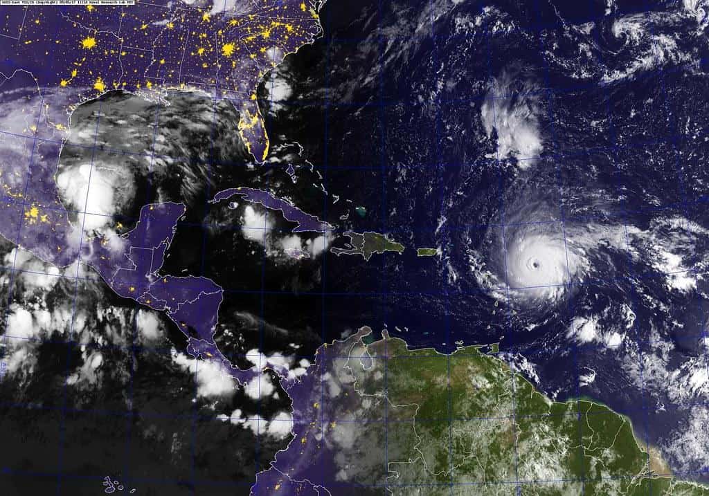 A GOES satellite image showing Hurricane Irma in the Atlantic Ocean. by Official U.S. Navy Imagery