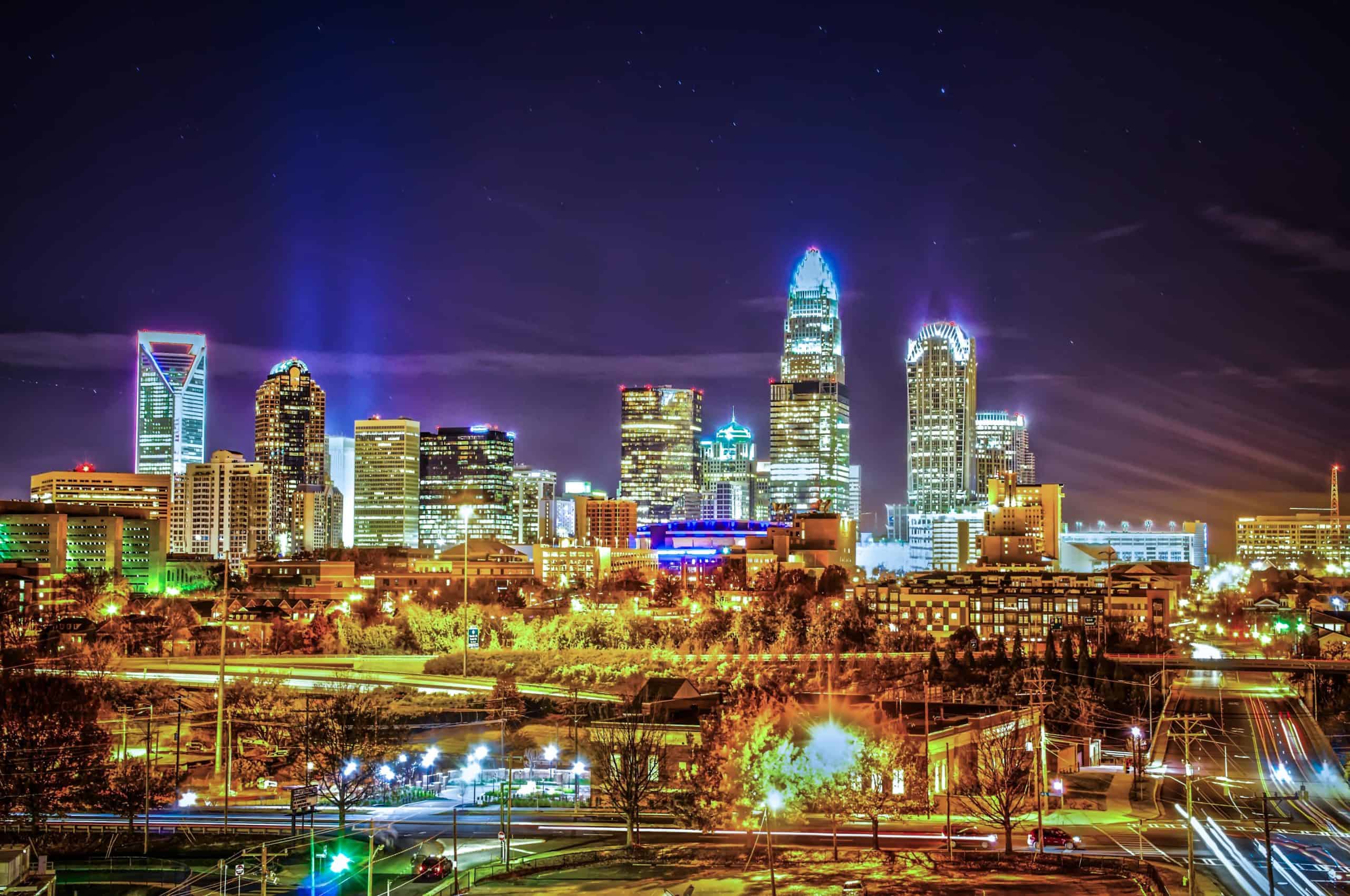 North Carolina campaign rally | Charlotte City Skyline night scene