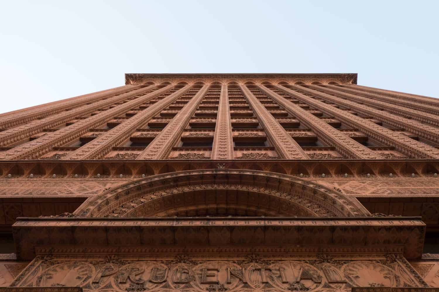 Looking up at the Guaranty Building (Prudential Building) designed in 1896 following Form Follows Function design theory. Clad in terra cotta bricks in Buffalo New York.