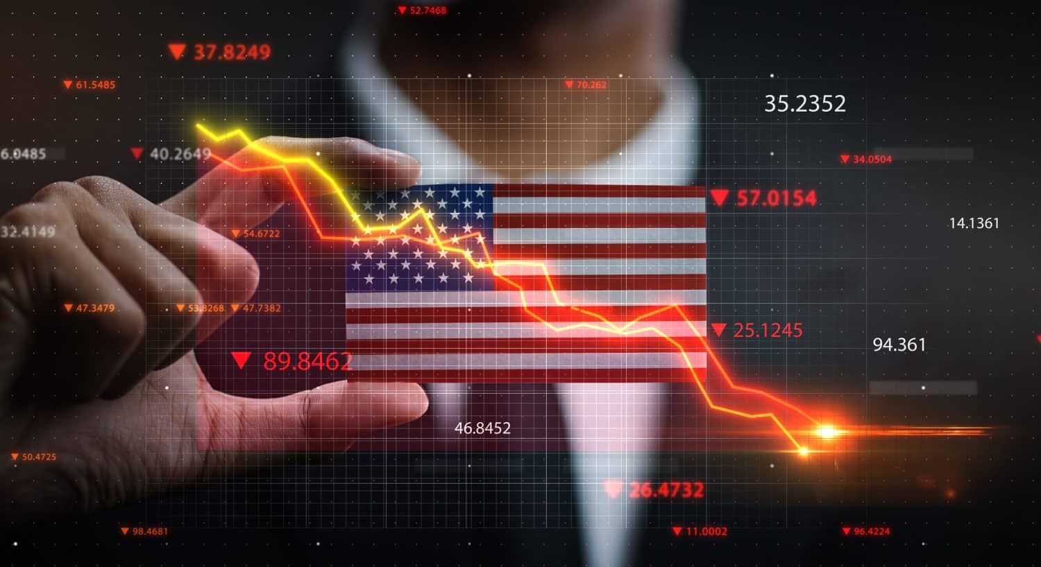 Graph Falling Down in Front United States of America of Flag. Crisis Concept