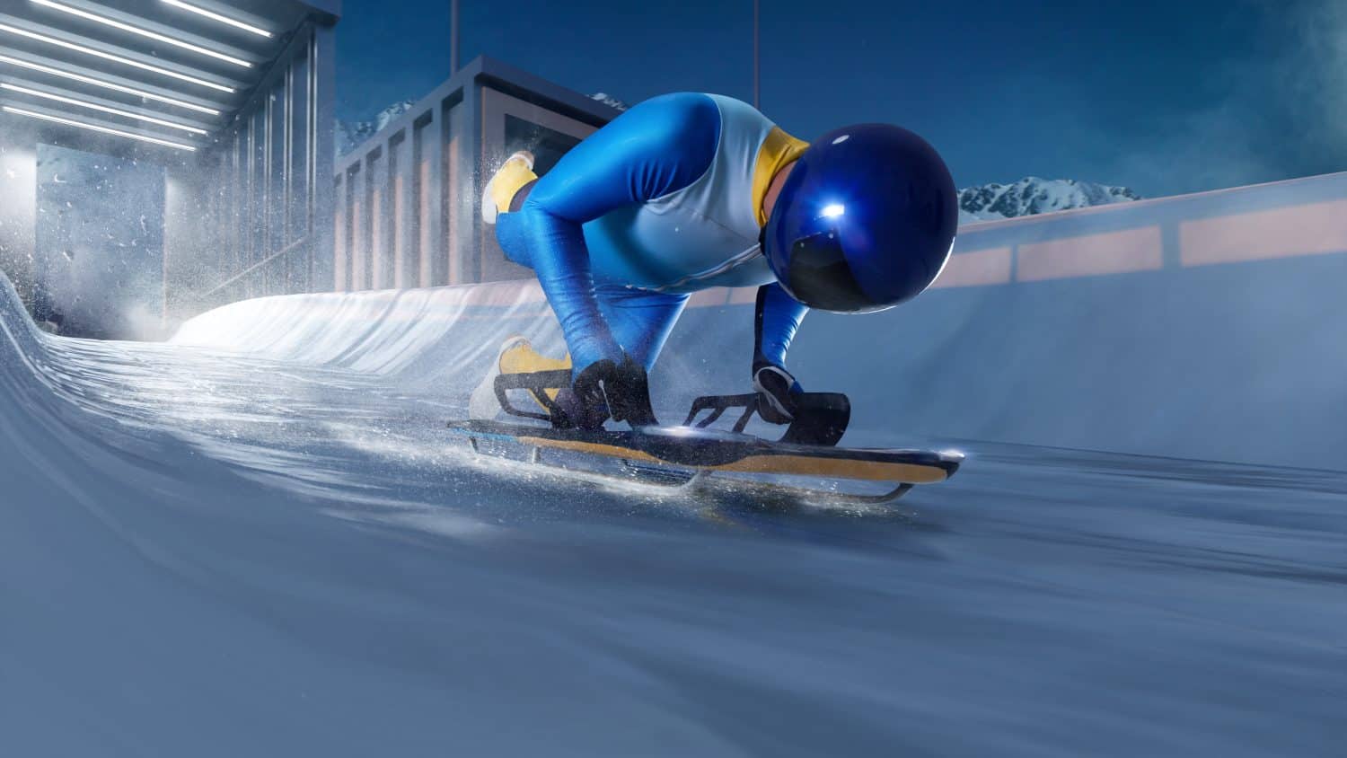 Skeleton sport. Bobsled. Luge. The athlete descends on a sleigh on an ice track. Winter sports.
