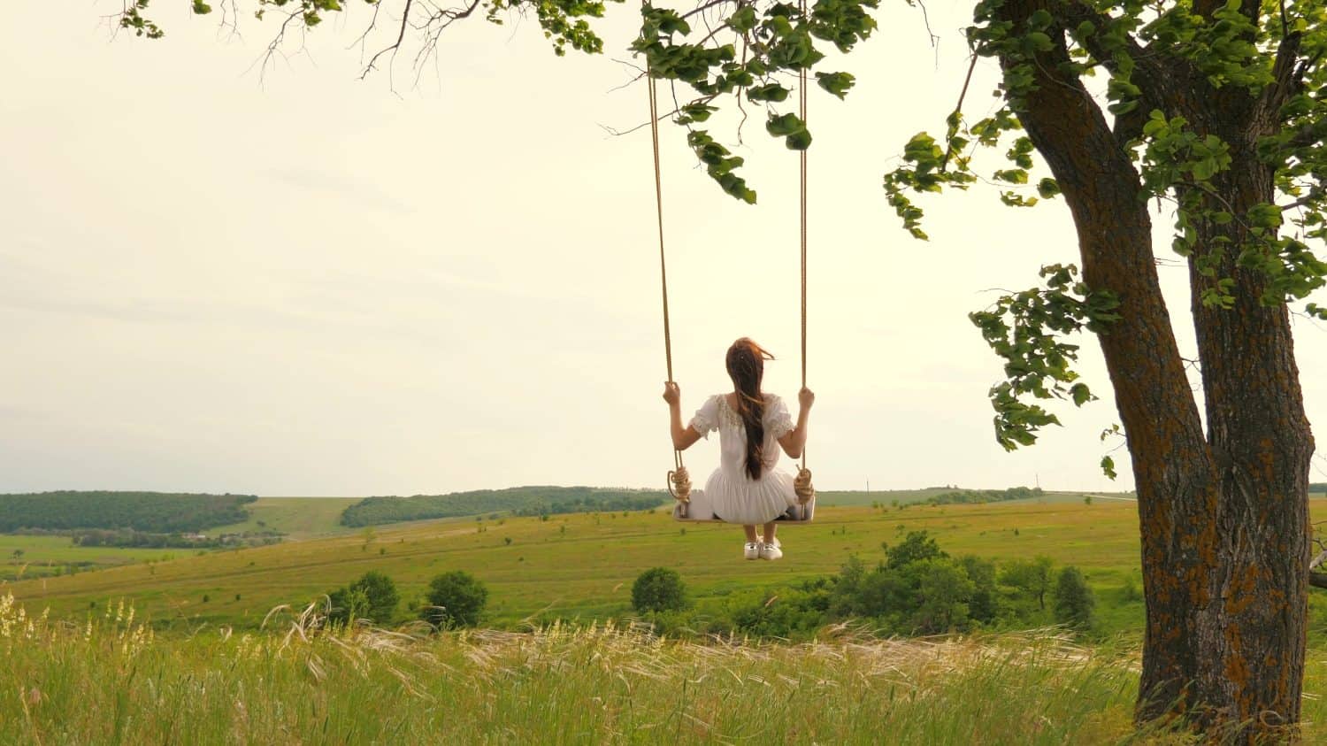 A young girl in dress swinging on swing in evening park. Wooden swing with swinging free, happy woman outdoors. Swing on a swing, dreams of flying. Travel in spring summer in nature. Healthy lifestyle