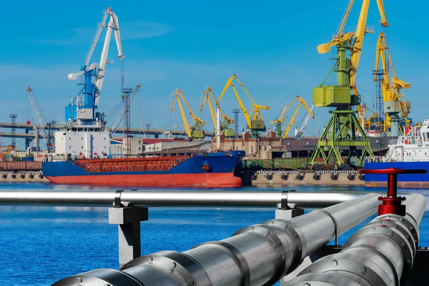 Pipes in seaport. Terminal for refueling ships with fuel. Cargo harbor on sunny day. Pipeline for supply of liquefied gas. LPG terminal. Ships near loading cranes. Offshore pipeline for LPG supply