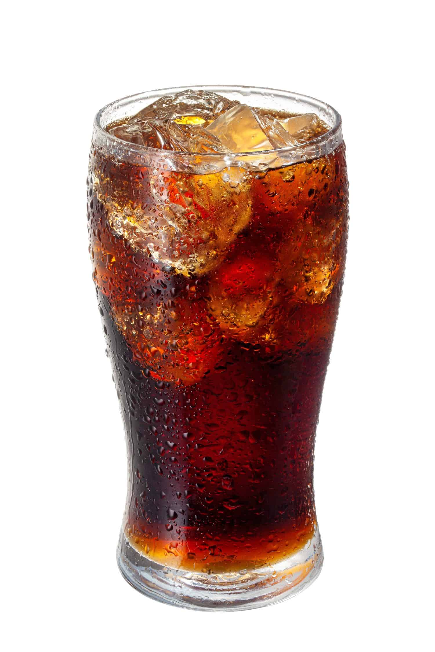 a glass of coke with ice cubes isolated on white background.