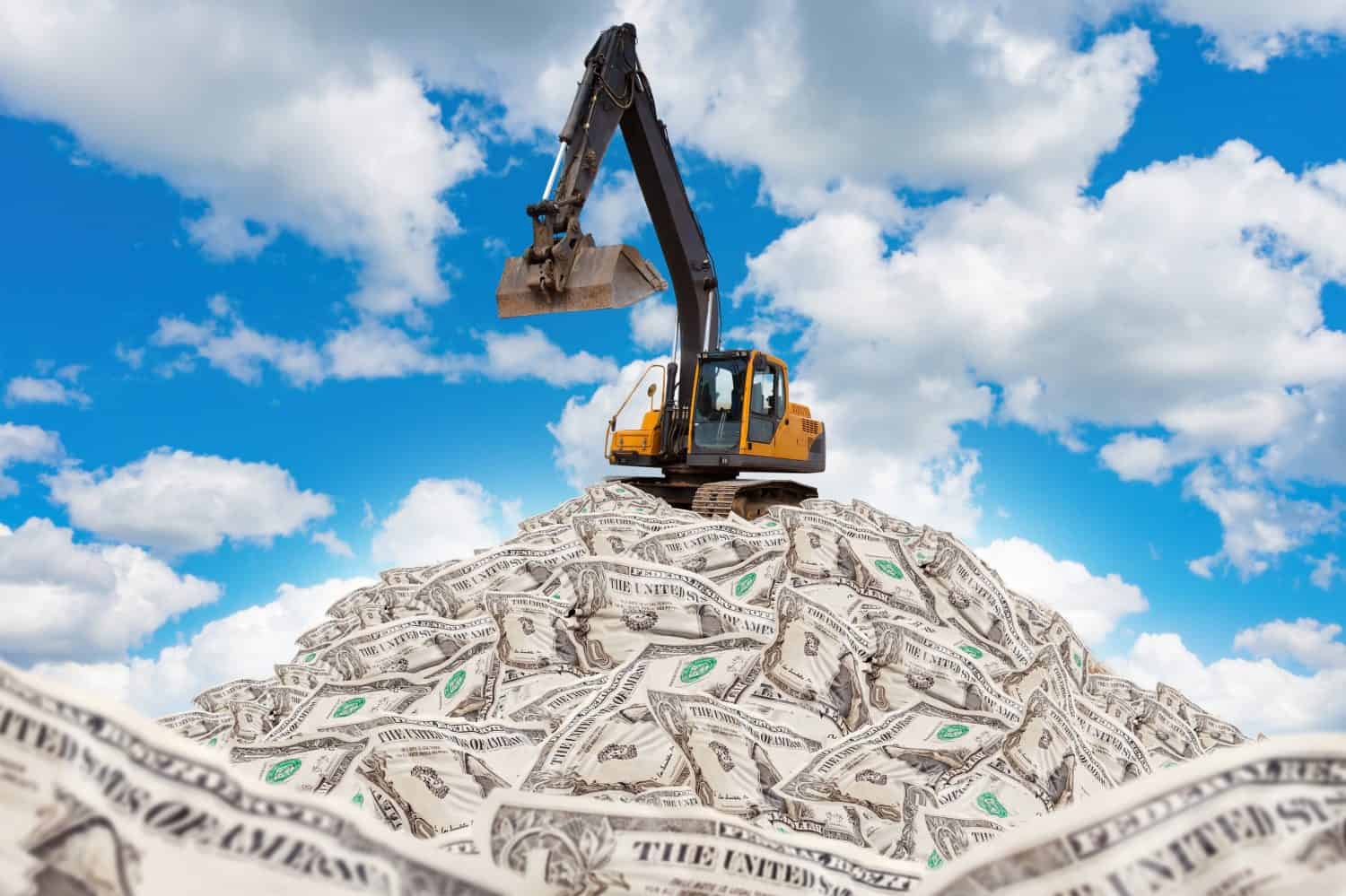 Excavator on pile of money. Crumpled dollars under blue sky. Concept of big earnings in construction. High profit. Excavator on mountain of money. Making profit from construction industry