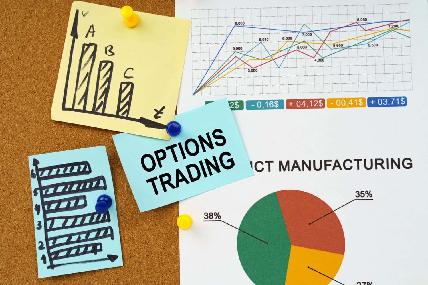 Business concept. Reporting graphs and diagrams are hung on the board, a sticker with the inscription - Options trading