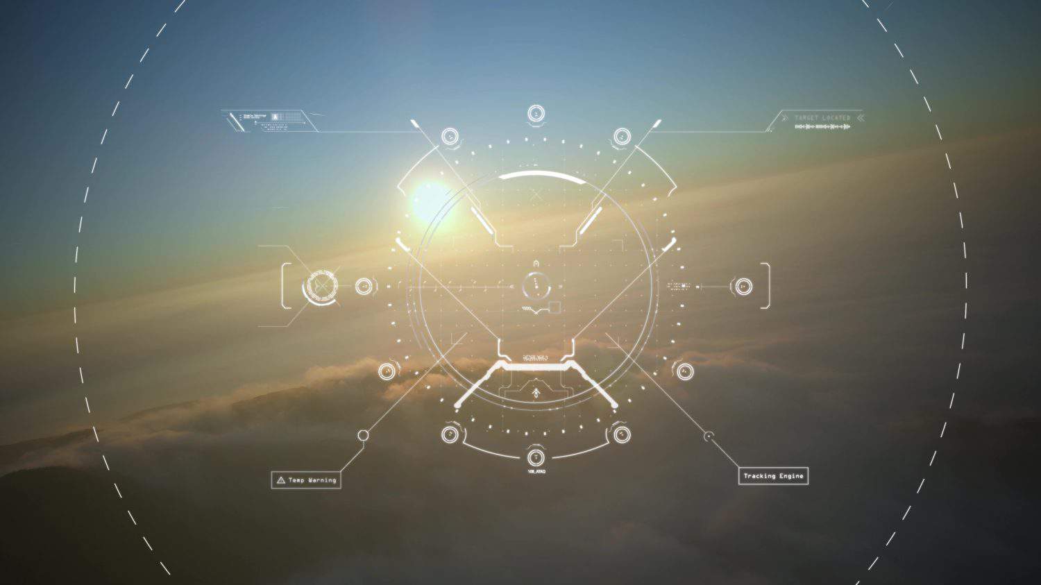 Military drone aircraft cockpit, dashboard 3D graphics display searching target