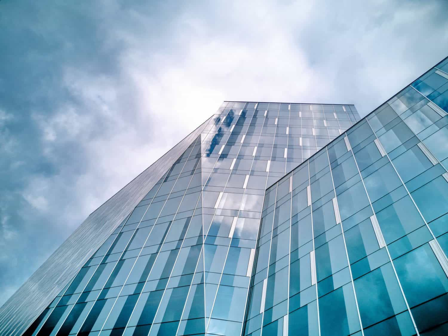 Economics, banking, business and finance concept. A fragment of a modern office building in the capital of Ukraine - Kyiv. Horizontal photo. Kiev, Ukraine, Europe.