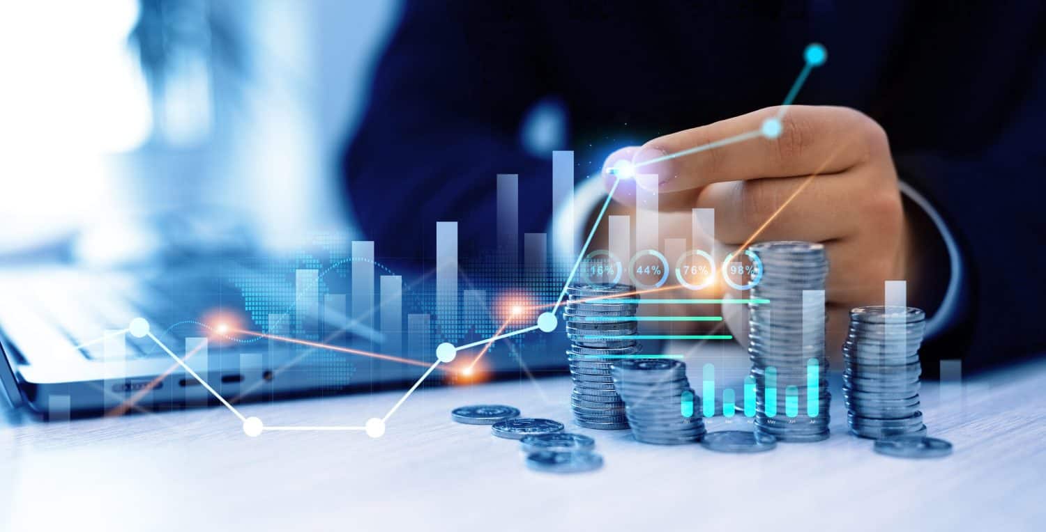 Money business financial graph diagram of coin. Financial growth data or investment market profit bar and success report.Saving money concept.Stack of coins with trading price graph growth.