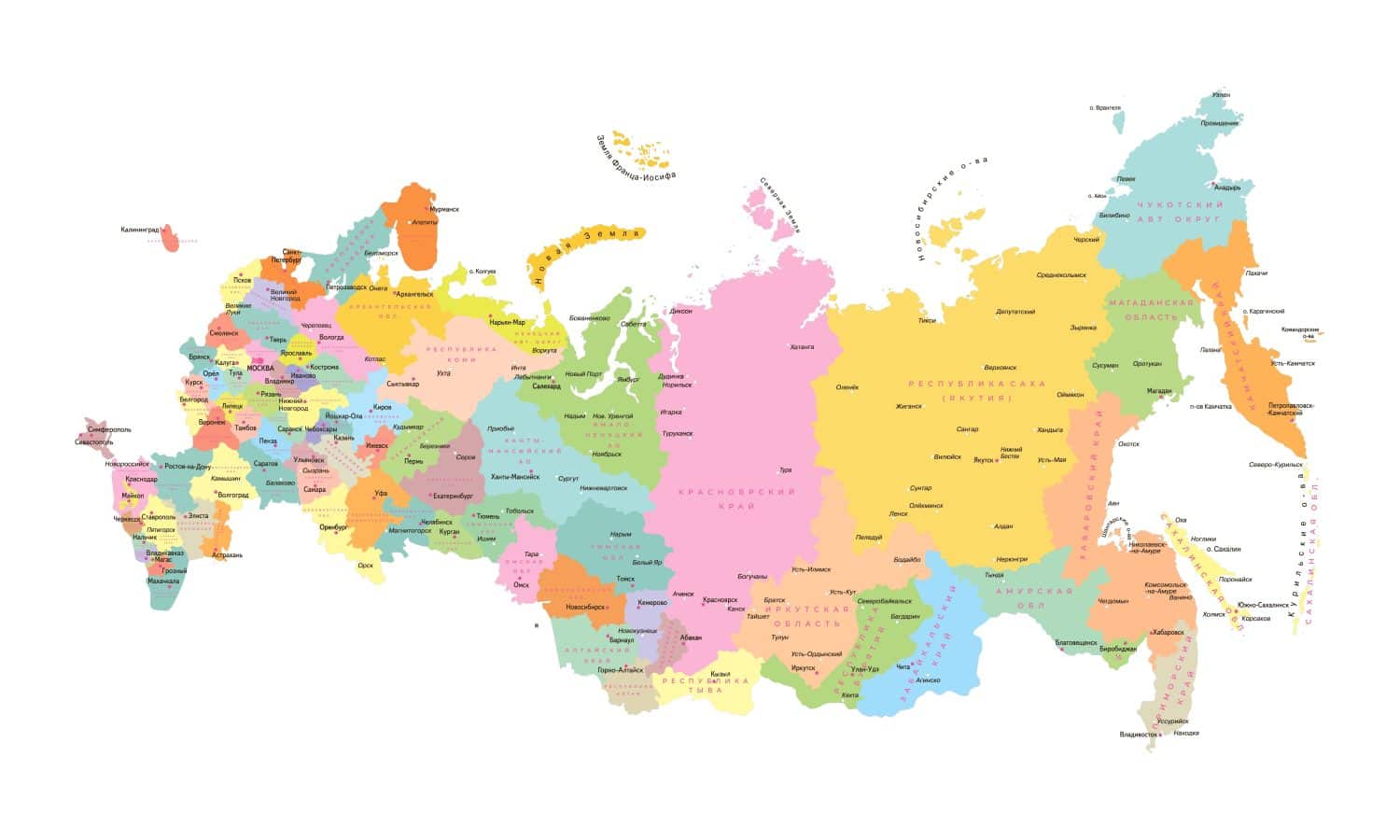 Russian map, region of Russia, cities of Russia, map