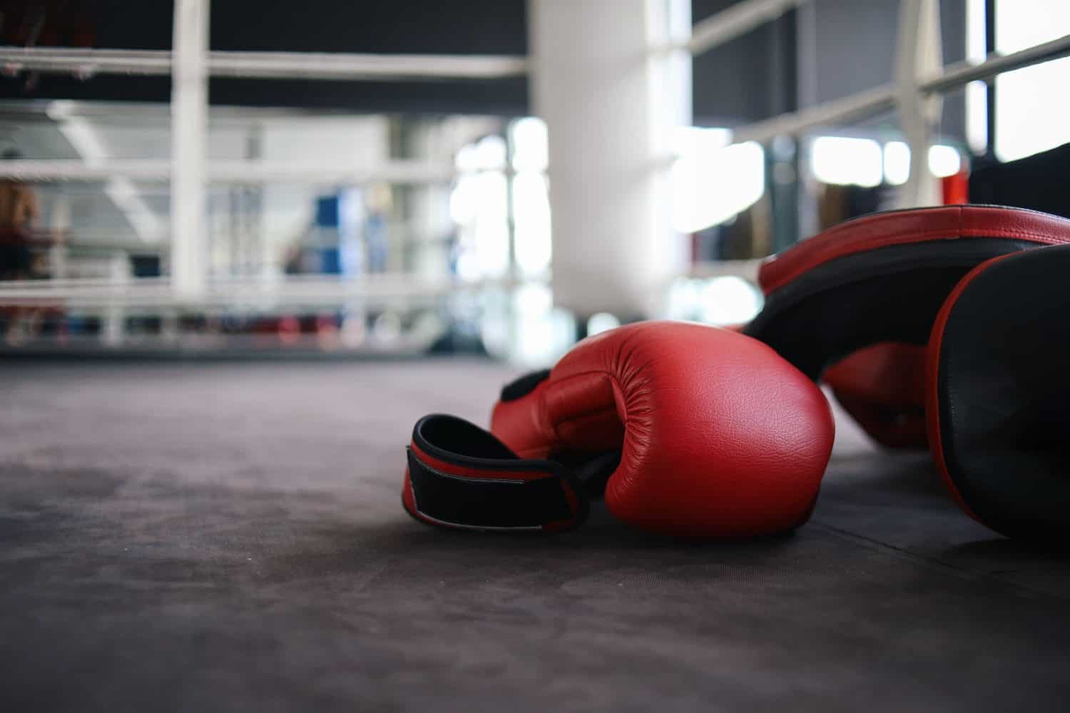 Boxing Training Equipment With Copy Space. Boxing Gloves, Body Protector And Punching Pad On Boxing Ring