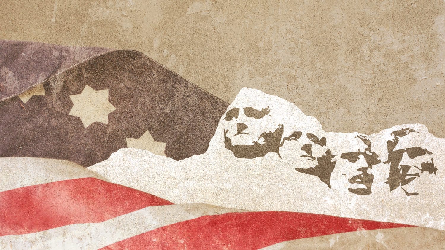 Mount Rushmore Presidents on Plaster Wall with Usa Flag