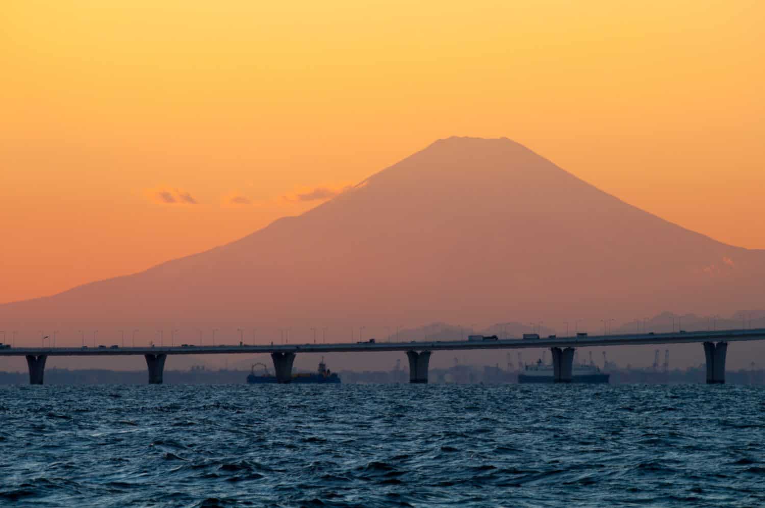 Mt. Fuji in the evening and the Tokyo Bay Aqua Line