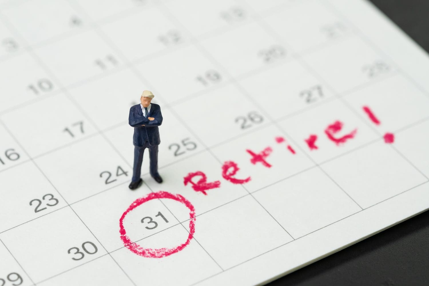 Retirement target or planning to quit job or financial freedom, miniature people businessman standing and thinking about date with important target red circle on calendar with text Retire.