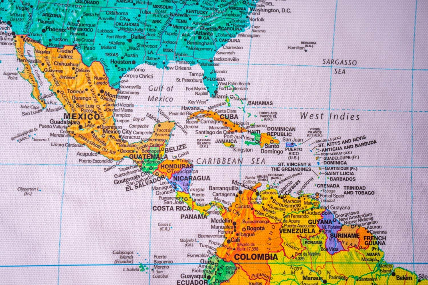 Central America on map travel background texture