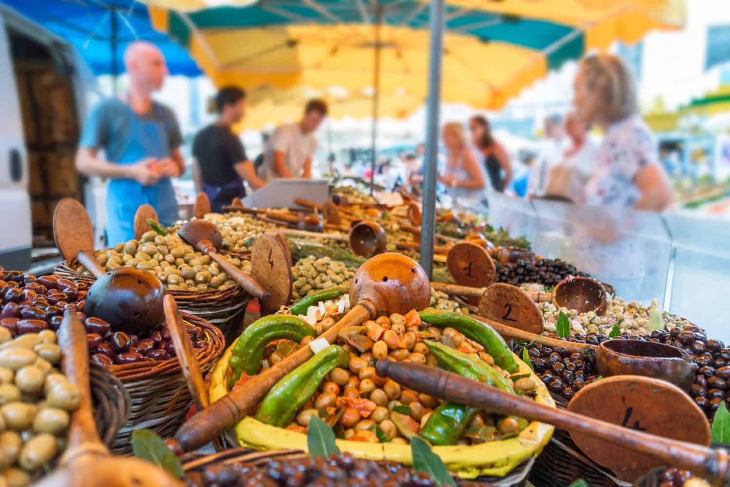 Olives on provencal street farmers market in Provence France