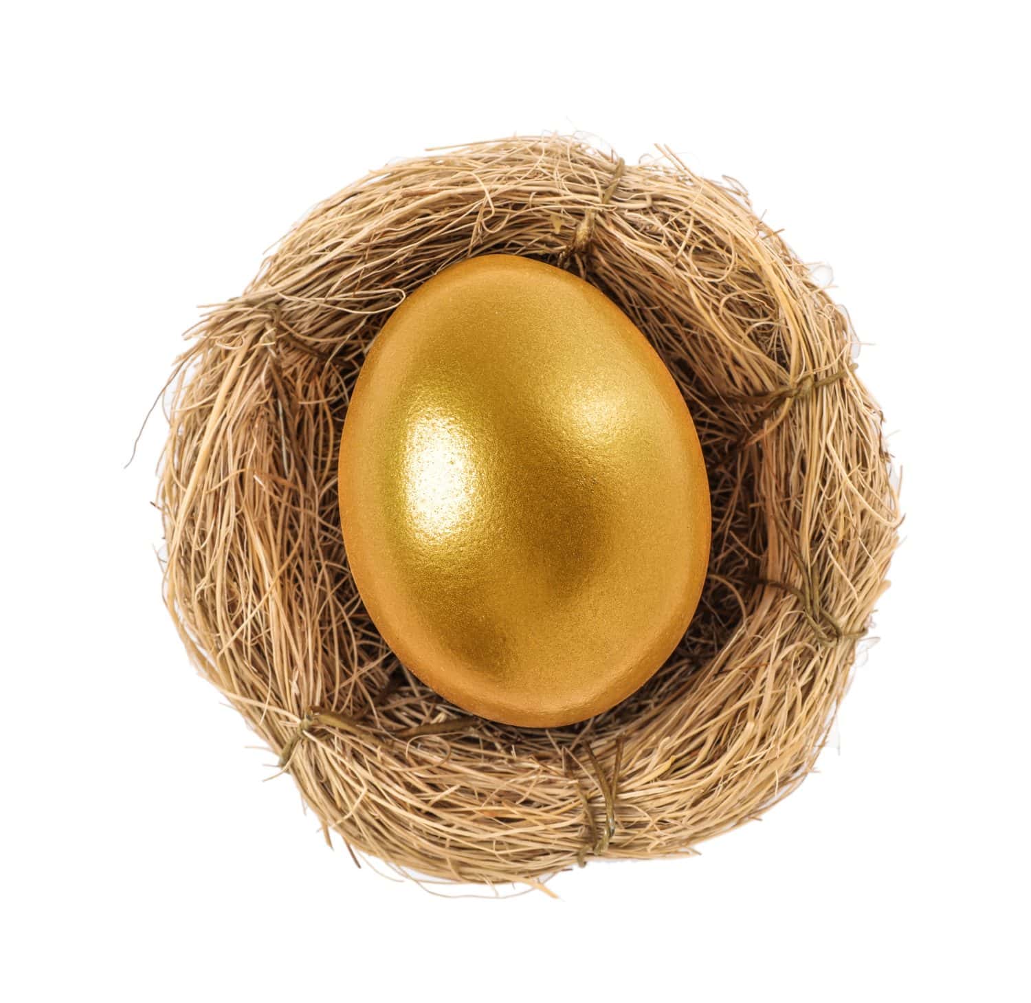 Shiny golden egg in nest on white background, top view