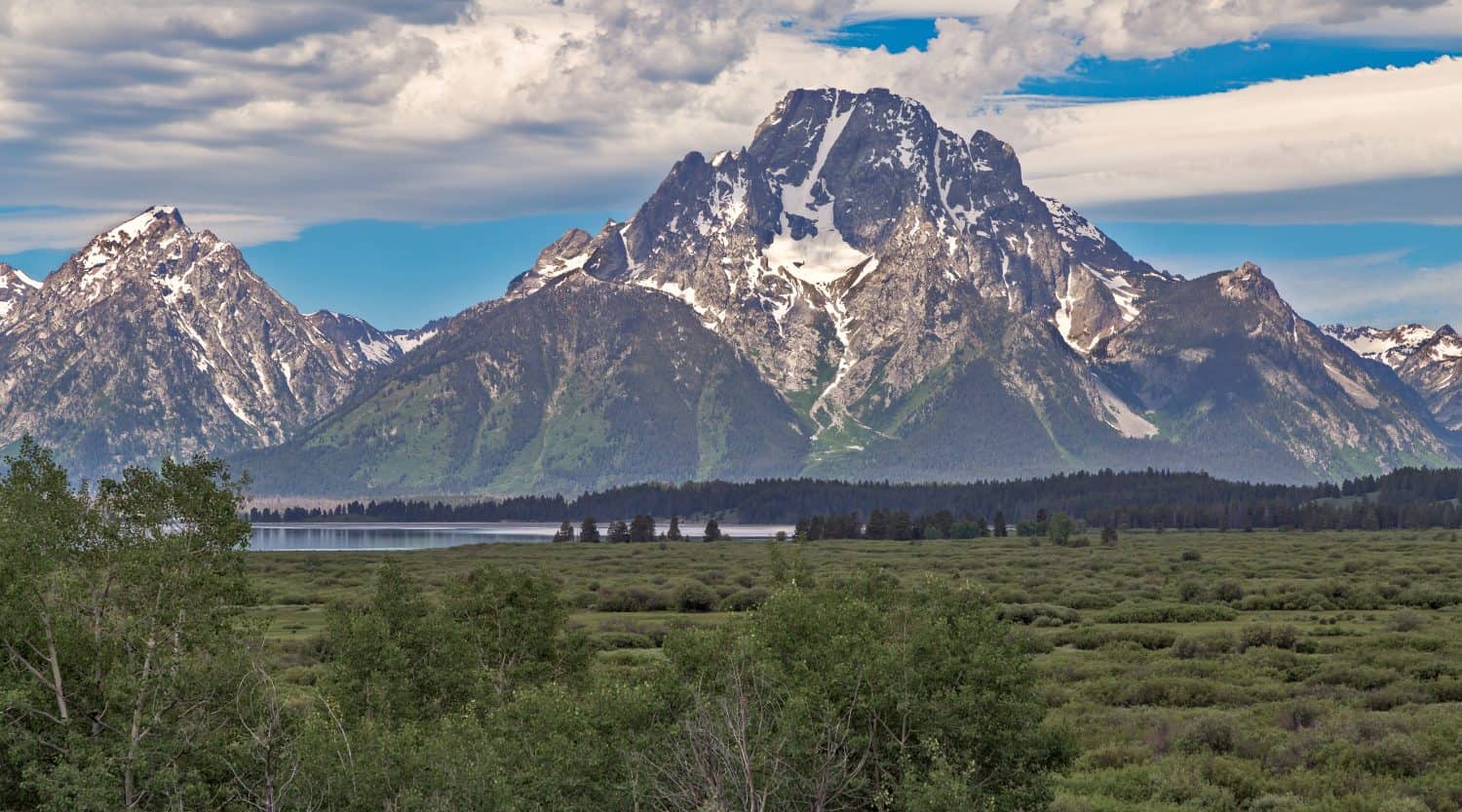 Impressive Mount Moran with Mount Woodring on the Left in Grand Teton National Park.